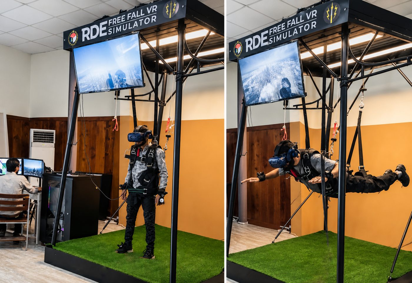 A trainee in a harness and VR headset under the free fall simulator rig, shown standing before exit and suspended in the freefall position, with the instructor station alongside